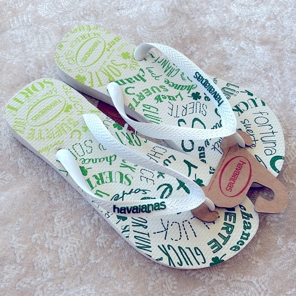 Brand New Havaianas White & Green Irish Good Luck Flip Flops Slide Thong Sandals - Picture 1 of 16